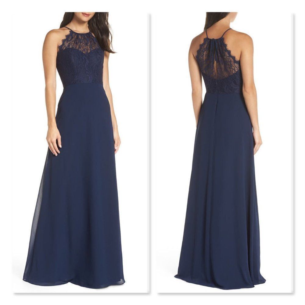 Haley Paige Lace Halter Overlay Chiffon Gown